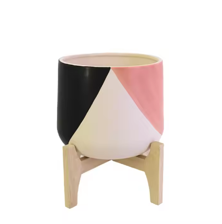 Colourful Ceramic Plant Pots with Wooden Stand
