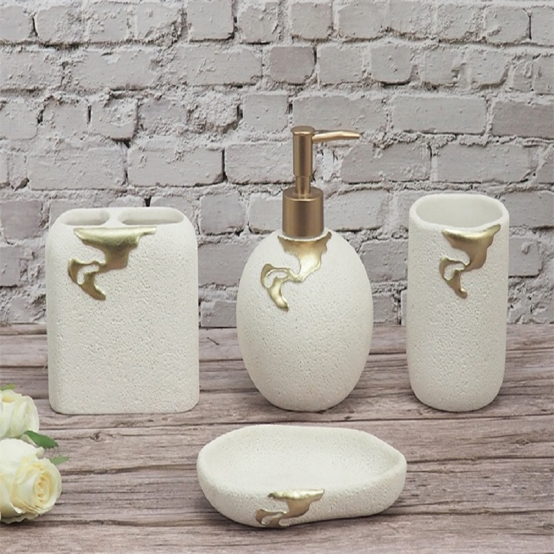 Accesorio de baño de resina Piedra blanca Línea de oro decoración ecológica 4 Conjunto Accesorio de baño