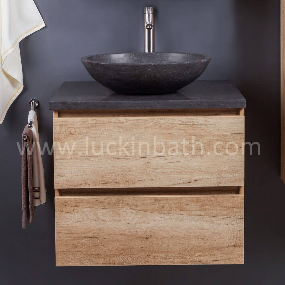 Luckinbath Wood Look Gabinete de lavabo 70 con cuenca de piedra "Tauro"