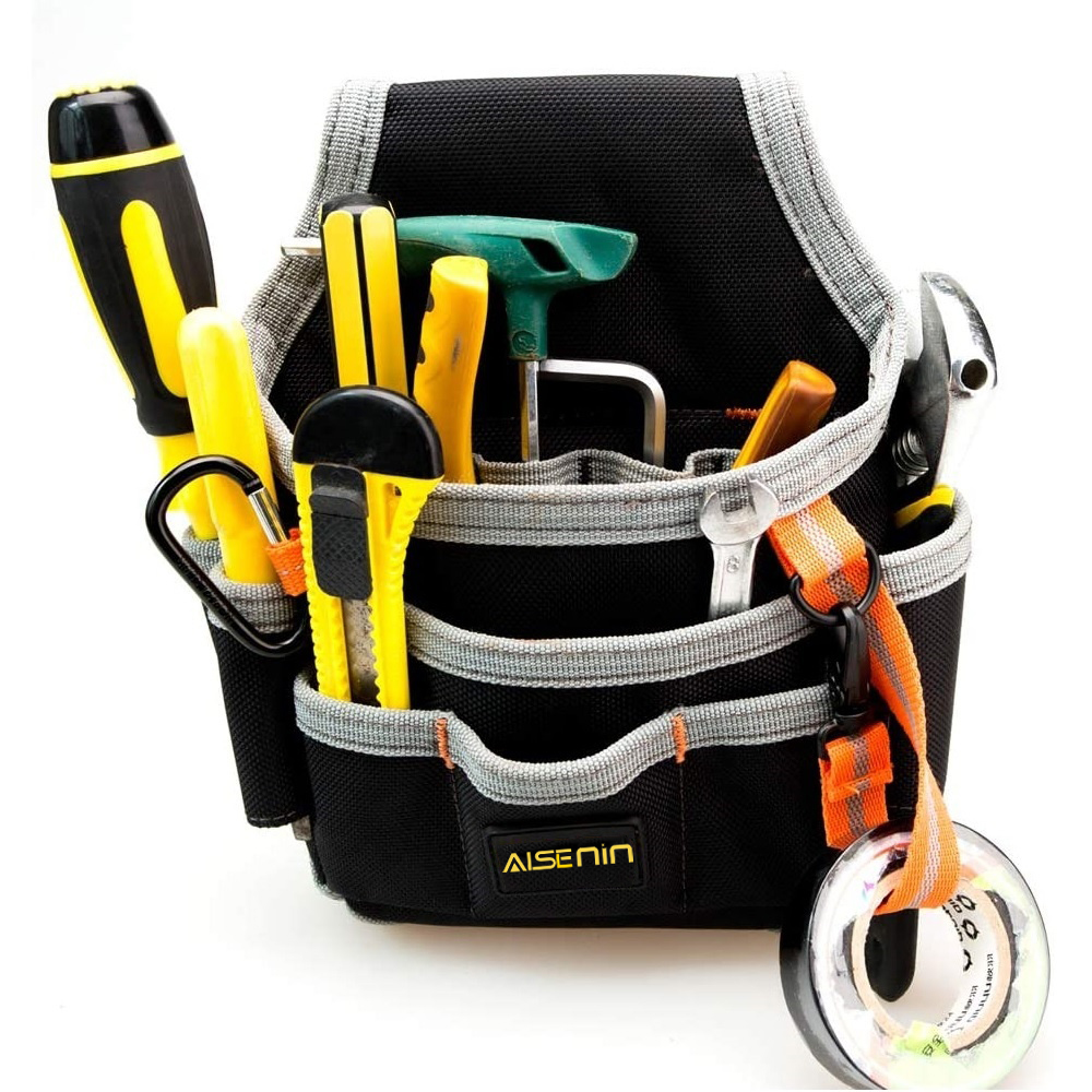 Mantenimiento técnico y bolsa de herramientas pequeñas del electricista con múltiples bolsillos.