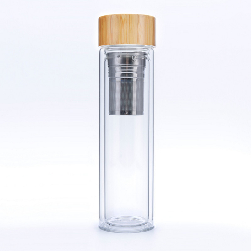 Botella de agua de cristal personalizada de 450 ml con tapa de bambú