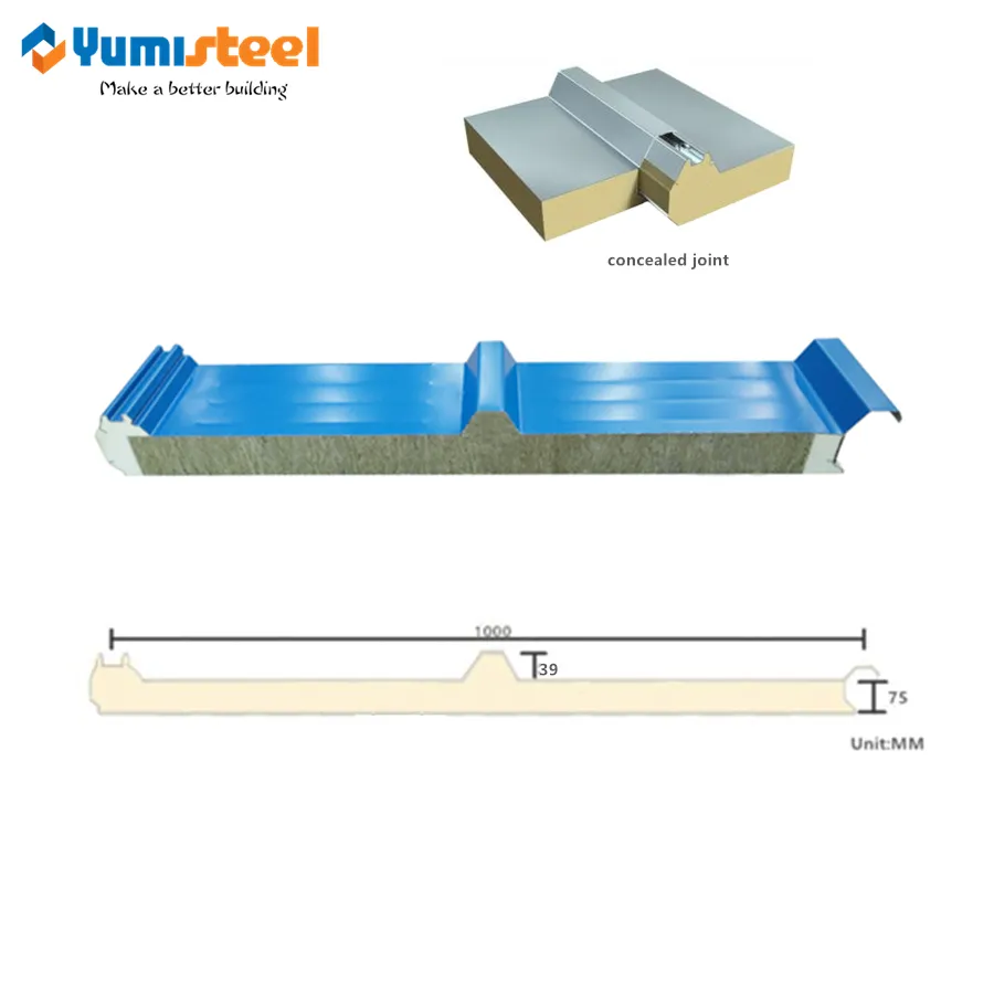 Panel de techos de sándwich de rockwool de agua de 75 mm con bordes de PU