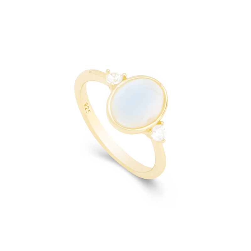 Plata esterlina de anillo de piedra lunar azul con zircon 18k chapado en oro amarillo