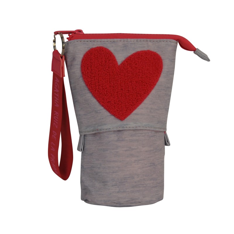 Bolsa de lápiz de papelería plegable OEM con un bordado en forma de corazón y una correa de mano