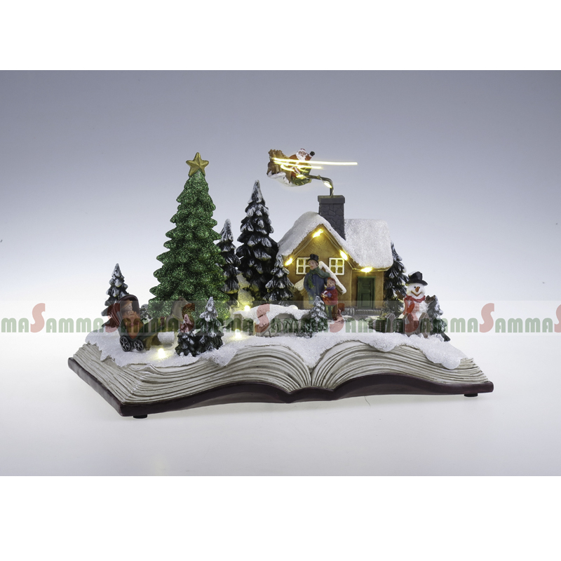 Libro abierto Escena de Navidad, Torneando árbol y Santa Trineo, LED encendido