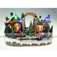Iluminación LED Polyresin Escena de Navidad Familia Tomando fotos con Santa frente a la casa