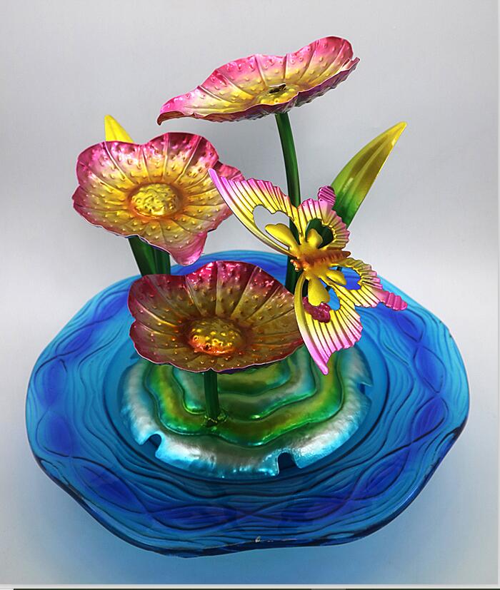 Vidrio con fuente de agua de flores de Metal, decoración de sobremesa interior, suministros de jardín