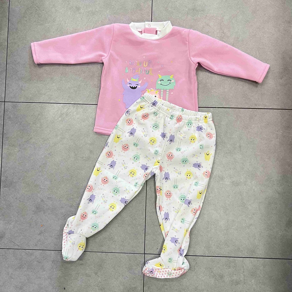 Ropa de dormir para bebé confeccionada, pijama de dos piezas de manga larga con suela antideslizante, plástico con estampado plateado en la parte superior