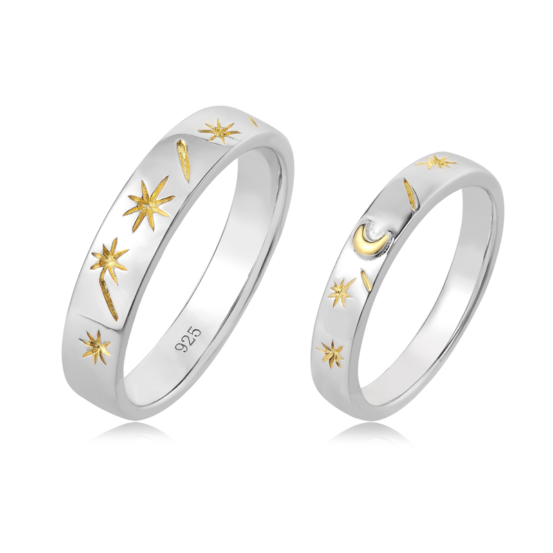 Conjuntos de anillos de sol y luna de plata de ley 925