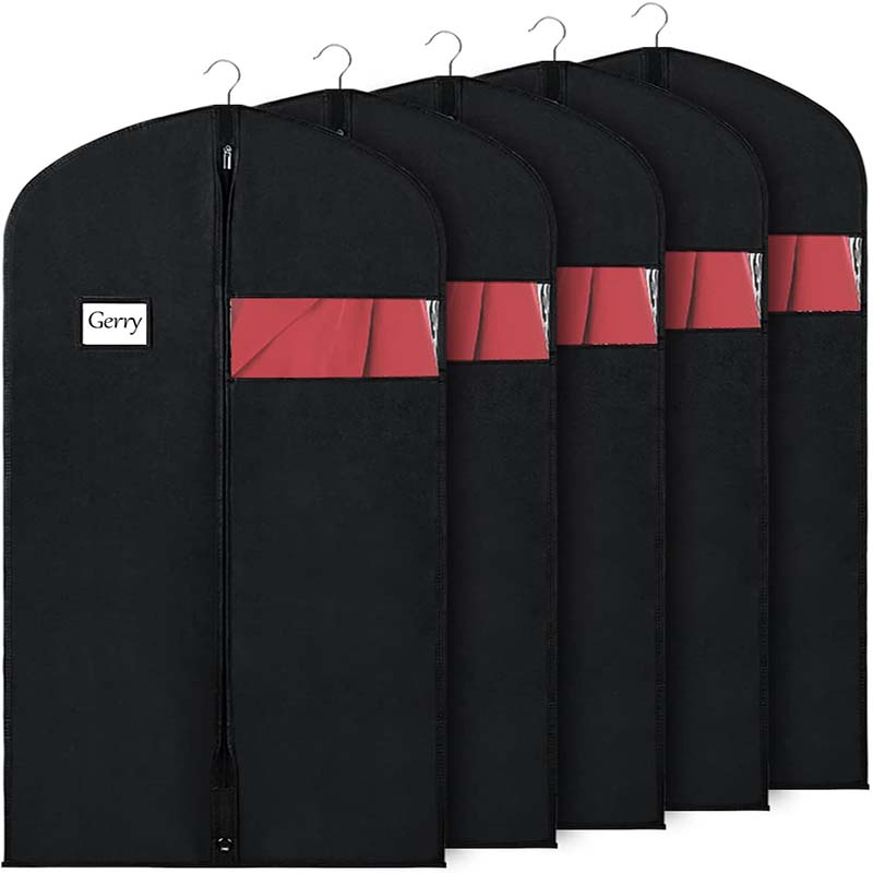 Personalizar boutique no tejida disponible cubierta de traje con cremallera negra bolsa de ropa de organza con bolsa de traje de ventana transparente