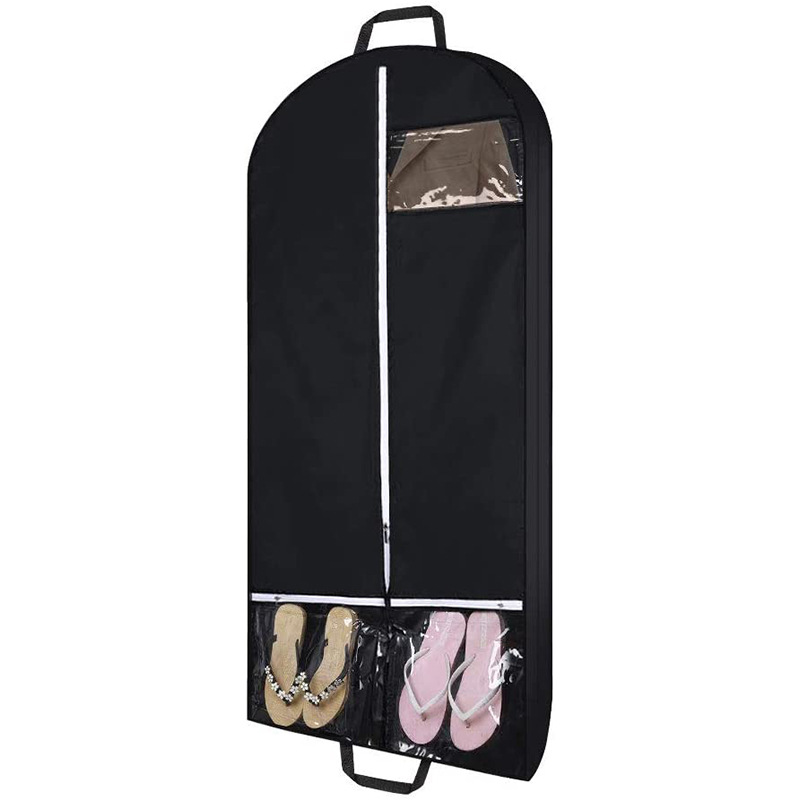 Bolsa negra de poliéster a prueba de polvo para ropa, múltiples bolsillos transparentes, bolsa de almacenamiento de ropa con funda para traje de circunferencia lateral