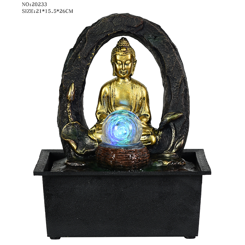 Fuente de agua religiosa de Buda de sobremesa de resina muy bonita con bola de cristal para decoración de interiores